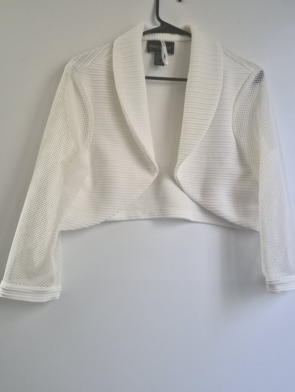 Frank Lyman White Ribbed Crop Bolero Shrug Jacket Mesh 3/4 Sleeve Size 12